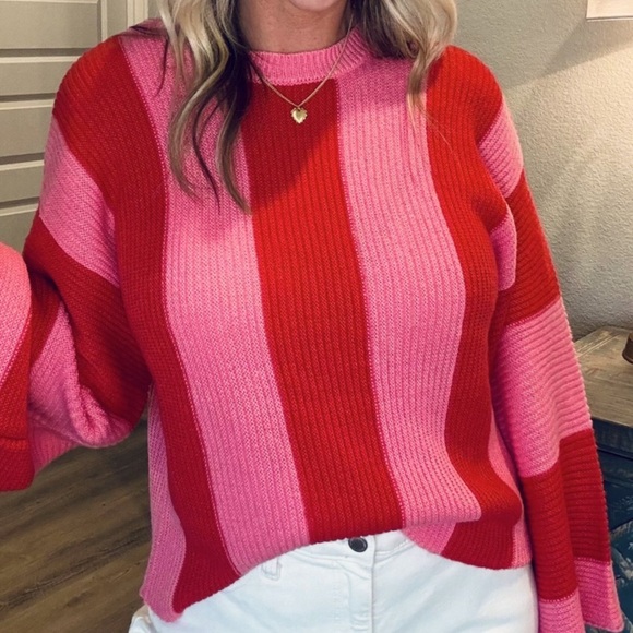 Baevely  Pink & Red Wide Vertical Stripe Be Mine Bell Sleeve Sweater, size Large - Picture 1 of 8